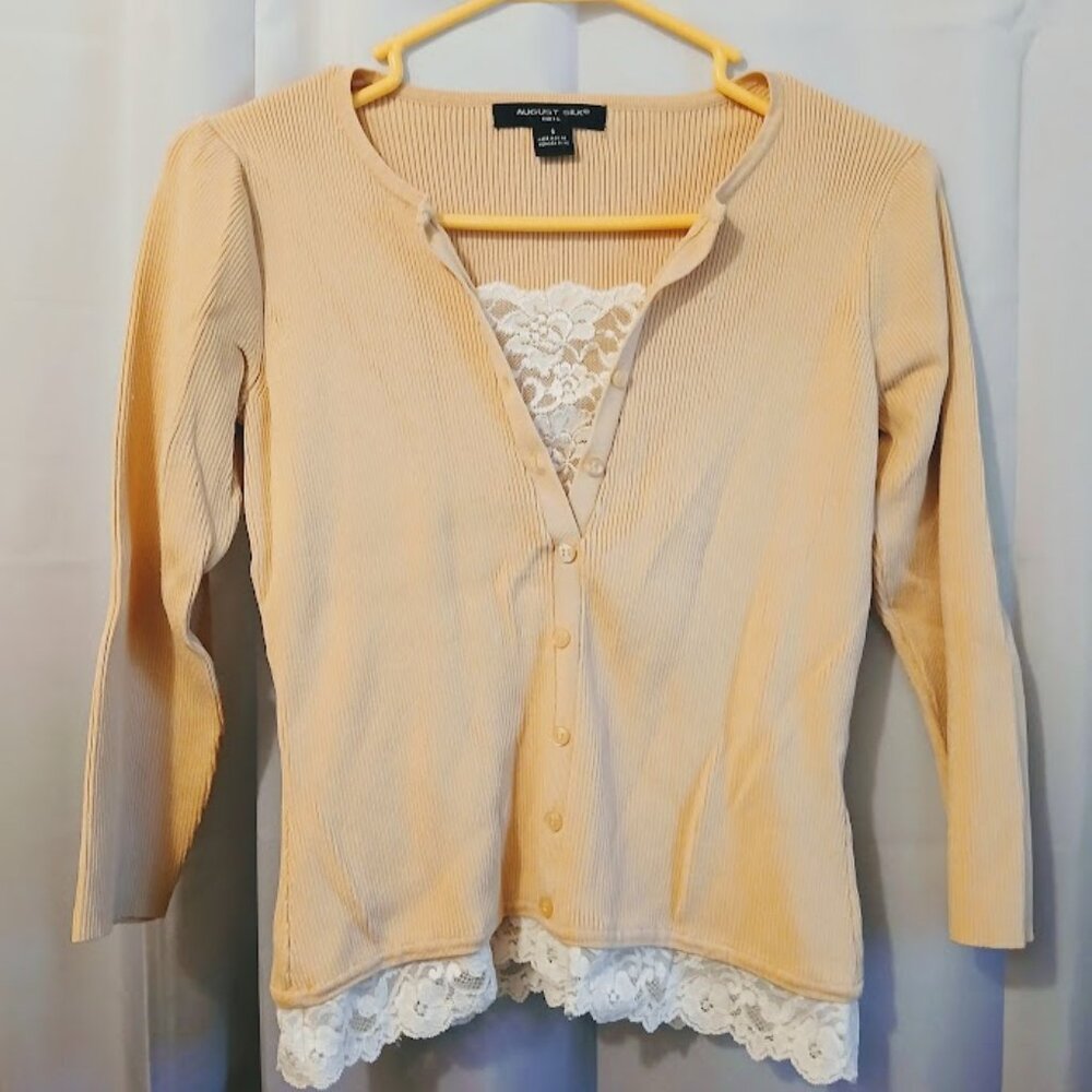 AUGUST SILK Henley Sweater Top S Peachy beige Lacey V-neck pullover 3/4 sleeve